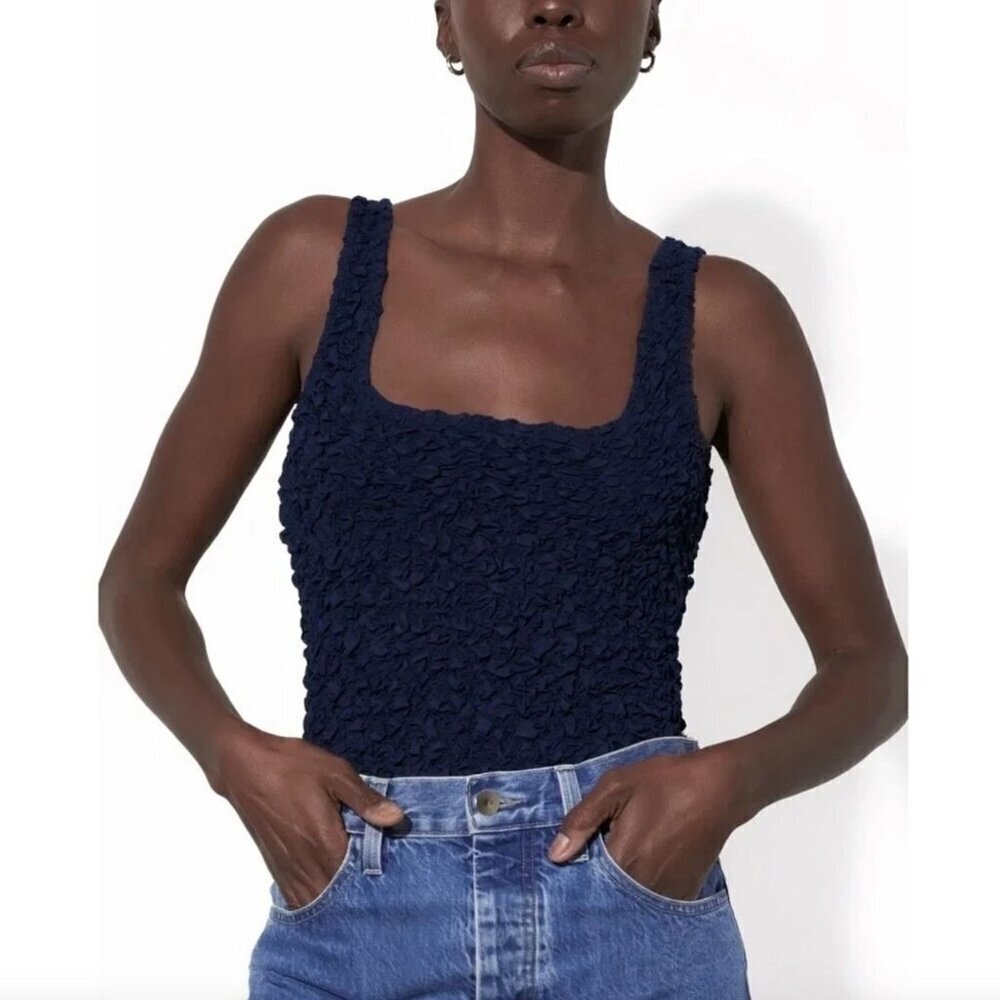 Mara Hoffman Isa Popcorn Bodysuit Navy Womens Size 3X